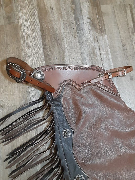 Custom Smooth Leather Barbwire Trim Cross Chaps