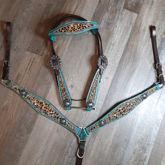 Showman Teal Cheetah Bling Headstall Breastcollar Set